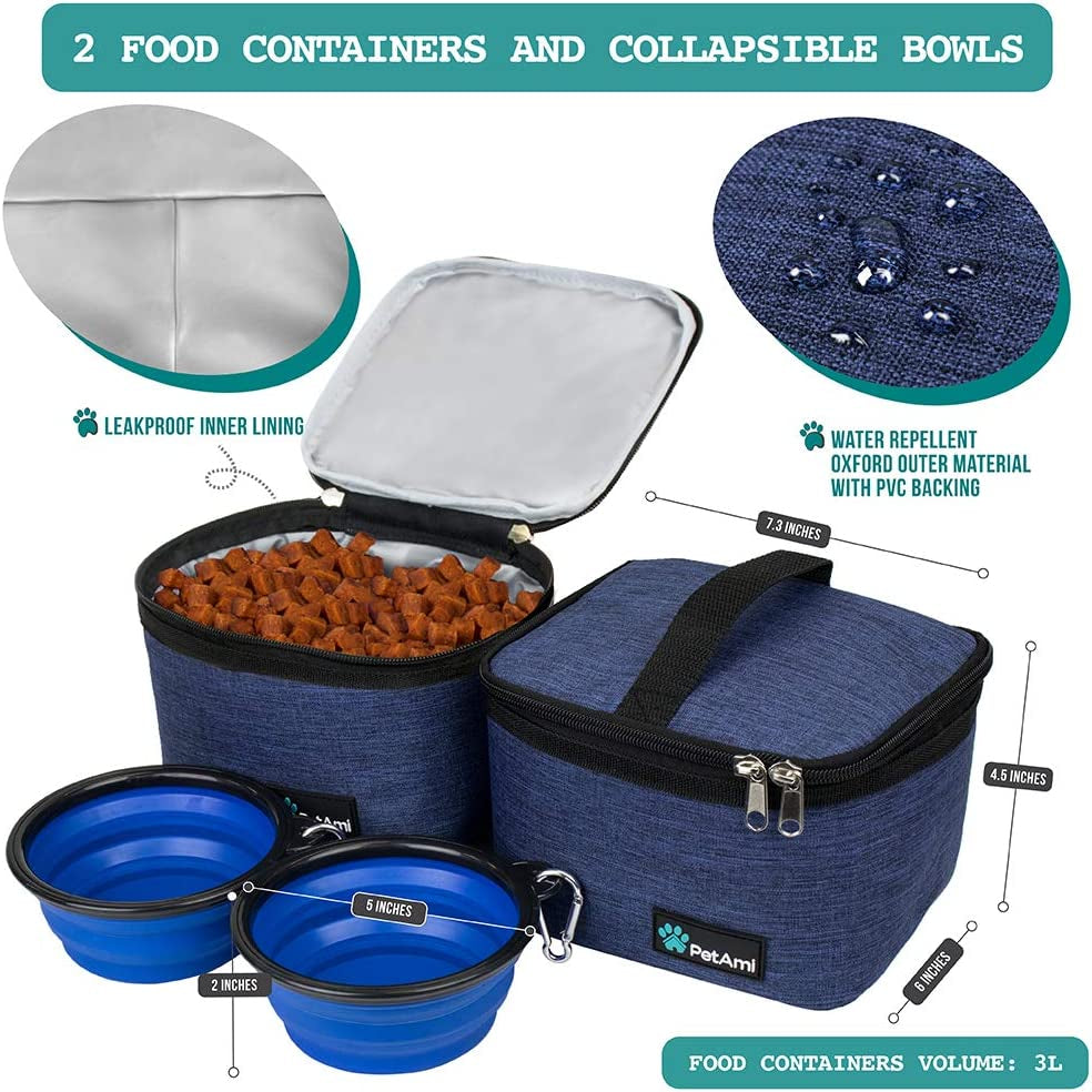 Dog Travel Bag Organizer, Pet Supplies Diaper Tote, Navy Blue Medium | Pet Travel Kit with 2 Food Containers & 2 Collapsible Dog Bowls, Luggage Sleeve, Weekend Getaway Road Trip Camping Essentials