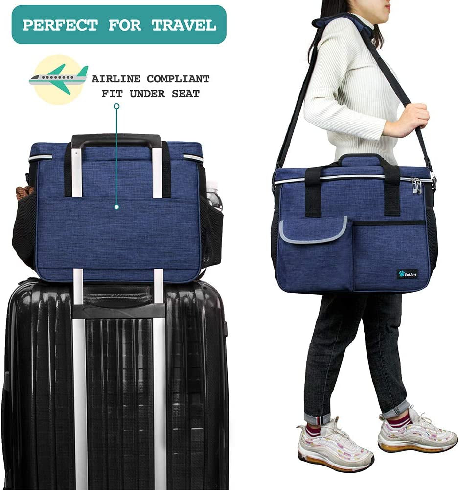 Dog Travel Bag Organizer, Pet Supplies Diaper Tote, Navy Blue Medium | Pet Travel Kit with 2 Food Containers & 2 Collapsible Dog Bowls, Luggage Sleeve, Weekend Getaway Road Trip Camping Essentials