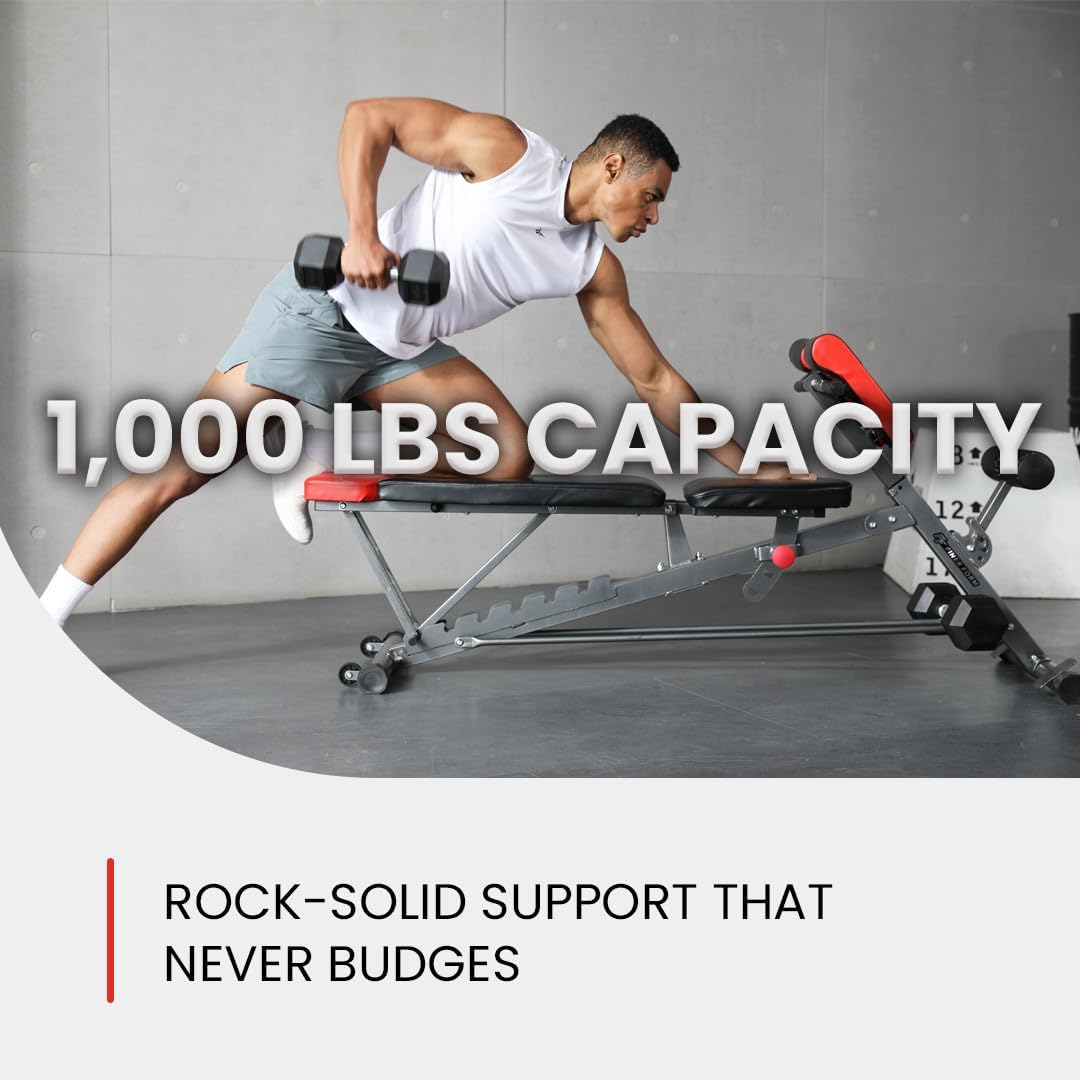 Finer Form Multi-Functional Adjustable FID Weight Bench and Roman Chair | 1,000 Lb Capacity, 23 Settings, Flat Incline Decline for Total Body Workouts, Transport Wheels, Exercise Chart Included