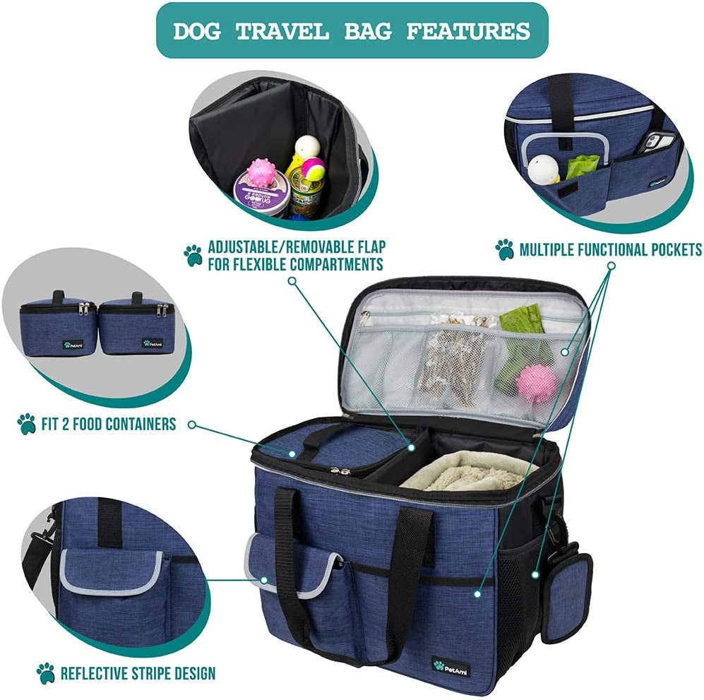 Dog Travel Bag Organizer, Pet Supplies Diaper Tote, Navy Blue Medium | Pet Travel Kit with 2 Food Containers & 2 Collapsible Dog Bowls, Luggage Sleeve, Weekend Getaway Road Trip Camping Essentials