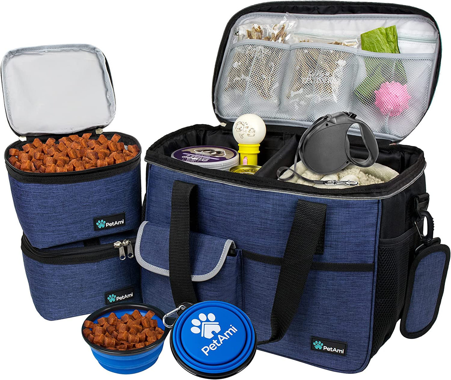 Dog Travel Bag Organizer, Pet Supplies Diaper Tote, Navy Blue Medium | Pet Travel Kit with 2 Food Containers & 2 Collapsible Dog Bowls, Luggage Sleeve, Weekend Getaway Road Trip Camping Essentials